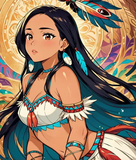 fantasy art, pocahontas from disney, native american, intricate detail, extremely detailed, Illustration, official artwork, anime style, wallpaper, official art, HD, 8K