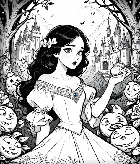 ink lineart, snowwhite from disney, intricate detail, extremely detailed, cartoon style, flat, HD, 8K