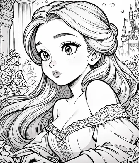 ink lineart, belle from disney, intricate detail, extremely detailed, cartoon style, flat, HD, 8K