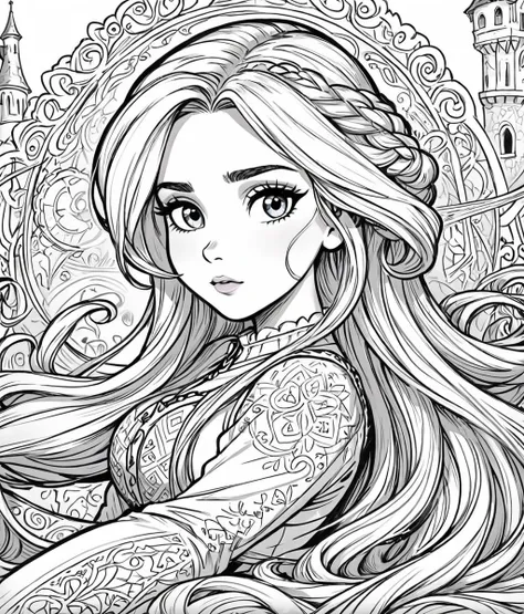 ink lineart, rapunzel from tangled, intricate detail, extremely detailed, cartoon style, flat, HD, 8K