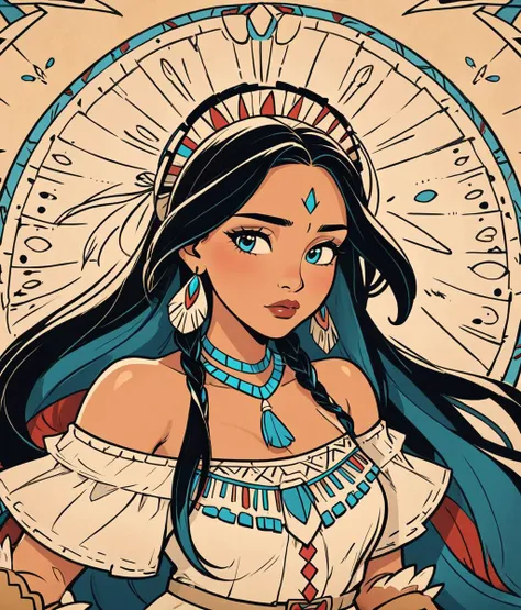 ink lineart, pocahontas from disney, native american, intricate detail, extremely detailed, cartoon style, flat, HD, 8K