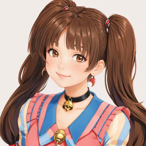 <lora:Belle:1> bell choker, brown eyes, twintails, smiling