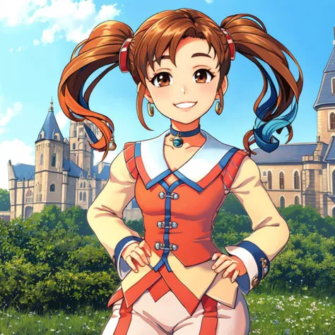 <lora:Belle:1> bell choker, brown eyes, twintails, smiling, standing in a castle