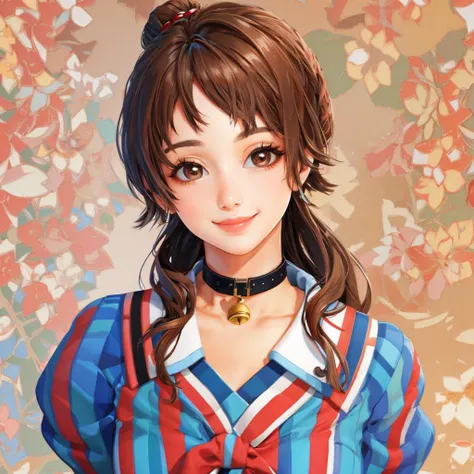 <lora:Belle:1> bell choker, brown eyes, smiling