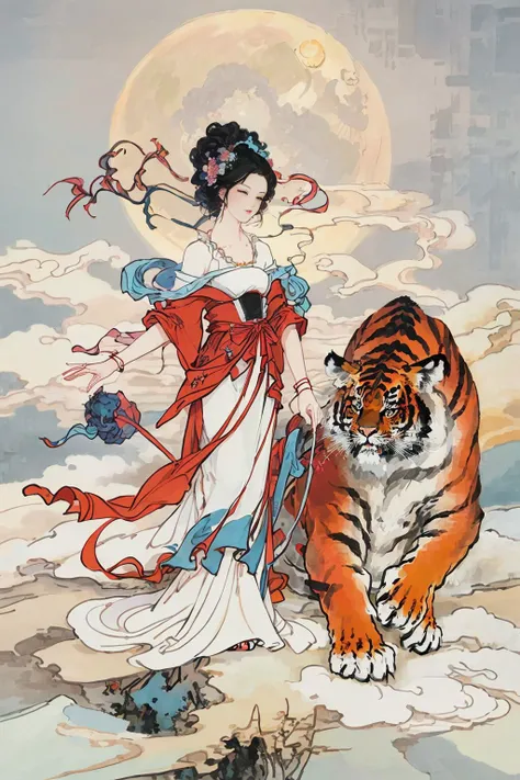 <lora:myth:0.6>,1girl,moon,dress,cloud,flowers,tiger,, (masterpiece, best quality, high quality, highres, ultra-detailed),