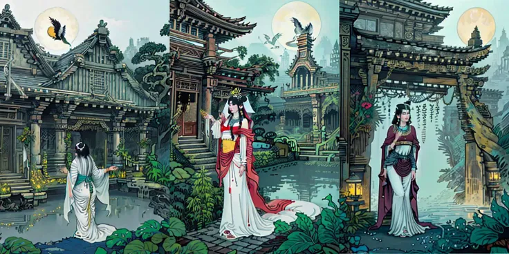 (otherworldly, otherworldly atmosphere, otherworldly appearance), highly insanely detailed, masterpiece, top quality, best quality, highres, 4k, 8k, RAW photo, ((ancient egyptian theme:1.2)), Hong Kong structure, structure, 
(mystical theme), mystical gatmosphere, arcane sanctuaries, otherwordly aura, 
(long_hair, long hair, random colors hair, glowing hair, hair over one eye, long messy hair), 
(eyelashes, eyeliner, eyeshadow, eyelashes, long eyelashes), 
collar, earrings, jewelry, necklace, armlet, 
tentacle, (underwater), nsfw, 
Homestay, Resort, (Guest House:1.1), 
building, structure, swirling energy, 
action pose, 
drunk, 
high-heels, 
reflection, reflective floor, 
shawl, 
abandoned building, shopping mall, overgrown with vegetation, [volumetric fog], cinematic lighting, colorfu, 
belly bottom, erotic lingerie, 
1girl, waves, closed eyes, water, black hair, flower, solo, bird, moon, jewelry, holding, long sleeves, veil, necklace, full body, lotus, long hair, dress, <lora:md-031-å¤ä»£ç¥è¯æé0.6-0.9:0.7>, (fantasy world)