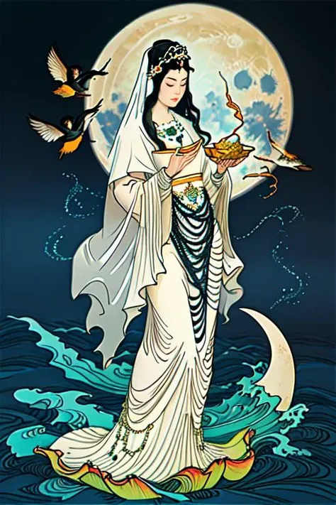 woman,waves,closed eyes,water,black hair,flower,solo,bird,moon,jewelry,holding,long sleeves,veil,necklace,full body,lotus,long hair,dress, masterpiece,best quality,ultra-detailed,
<lora:md-031-inkstyle:0.7>