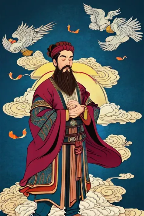 man, facial hair,male focus,solo,beard,closed eyes,cloud,holding,wide sleeves,long, masterpiece,best quality,ultra-detailed,
<lora:md-031-inkstyle:0.7>