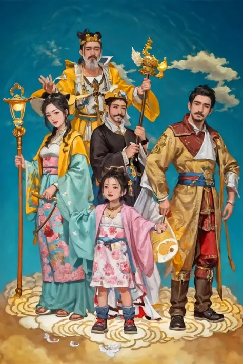 multiple boys,black hair,cloud,staff,old,multiple girls,facial hair,masterpiece,best quality,ultra-detailed,