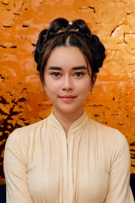 cinematic film still Street Photography, solo, realistic, ((indonesian woman)), ((Sensual, A deep, intense gaze, a slow, deliberate smile, and a relaxed posture.)), ((1girl)), (((black hair, Space Buns Hairstyle))), (((Elegant Neutrals: A neutral-toned collared shirt, such as beige or cream, paired with a flared skirt in a complementary shade. Opt for delicate gold jewelry and nude heels for an elegant look.))), (((blue hour))), (((simple orange wall background:1.5))), ((dynamic pose)), <lora:PAseer-SD15-LCM Quick:1> <lora:ReaLora:.2> <lora:epi_noiseoffset2:.8> <lora:ZStyle_-_Photography_Style:.6> zstyle,     <lora:add_sharpness:0.5> <lora:add_detail:0.5> <lora:IDC_-_Aura_Kasih:1>, RAW candid cinema, 16mm, color graded portra 400 film, remarkable color, ultra realistic, textured skin, remarkable detailed pupils, realistic dull skin noise, visible skin detail, skin fuzz, dry skin, shot with cinematic camera, detailed skin texture, (blush:0.5), (goosebumps:0.5), subsurface scattering . shallow depth of field, vignette, highly detailed, high budget, bokeh, cinemascope, moody, epic, gorgeous, film grain, grainy