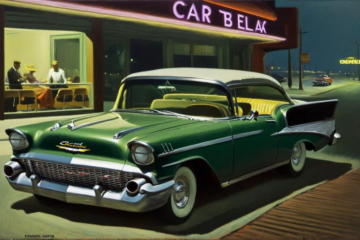 MoDernart, oil painting, brush strokes, americana, an advertisement for car the chevrolet bel air from 1957, by Edward Hopper, Nighthawks style <lora:MoDernart_SDXL-step00006000:1>