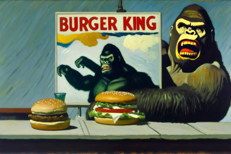 MoDernart, oil painting, brush strokes, an advertisement for a fantastic burger from burger king eaten by King Kong, by Edward Hopper and Van Gogh <lora:MoDernart_SDXL-step00006000:1>