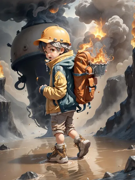 A boy,alone and centered around a man,with a slight side view,carrying a backpack,is on the land of volcanic magma,where the magma is boiling hot. The volcano erupted,filled with a scorching atmosphere. The silent and dangerous sulfuric acid lake shimmered in the smoke. The little boy is in a desperate situation. The treasure shines brightly,with bags,boots,brown shoes,(yellow biochemical helmet:1),hats,complex backgrounds,and a separate mouth.,Open clothing,children,shoes,long sleeves,open jacket,socks,3D,trendy game,no contour,clay,(OC rendering,: 1.3) (c4d:1.2),(masterpiece:1.5),(best quality:1.4),(wide_shot,:1.1)