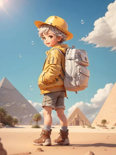 Jacket,shirt,a boy,solo,male focus,backpack,in the desert,the little boy bravely explores,the pyramid stands tall,shining in the sunlight,oasis is quiet and peaceful,the pharaoh solemnly guards,the interweaving of history and adventure,gray hair,brown eyes,shorts,blinking and smiling,looking at the audience.,Bag,boots,rich ocean background,brown shoes,(yellow helmet:1),hat,complex background,separate mouth.,Open clothes,children,shoes,long sleeves,open jacket,socks,3D,trendy games,Bubble Mart style,no contour,clay,(OC rendering,: 1.3) (c4d:1.2),(masterpiece:1.5),(best quality:1.4),<lora:-1å2-åæ³½è°æ´Gloss_Tweaker_V2:0.8>,<lora:blindbox_v1_mix:0.4>,<lora:é¥±ååº¦è°æ´Narcissists Saturation_v1:0.6>,