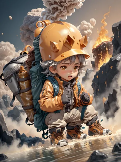 A boy,alone and centered around a man,with a slight side view,carrying a backpack,is on the land of volcanic magma,where the magma is boiling hot. The volcano erupted,filled with a scorching atmosphere. The silent and dangerous sulfuric acid lake shimmered in the smoke. The little boy is in a desperate situation. The treasure shines brightly,with bags,boots,brown shoes,(yellow biochemical helmet:1),hats,complex backgrounds,and a separate mouth.,Open clothing,children,shoes,long sleeves,open jacket,socks,3D,trendy game,no contour,clay,(OC rendering,: 1.3) (c4d:1.2),(masterpiece:1.5),(best quality:1.4),(wide_shot,:1.1)
