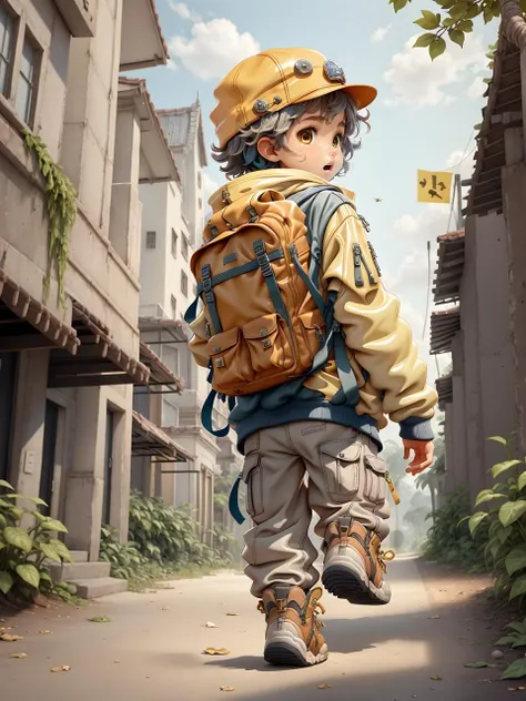 Jacket, shirt, a boy, solo, male focus, back, backpack, breaking into the mysterious Maya jungle, jumping over vines. The temple stands tall, and the jungle light casts ancient shadows. The python meanders forward, intertwined with crisis and adventure. Treasure shining, little boy trapped in Mayan legend, back, bag, boots, brown shoes, (yellow helmet: 1), hat, complex background, separate mouth., Open clothing, children, shoes, long sleeves, open jacket, socks, 3D, trendy game, no contour, clay, (OC rendering,: 1.3) (c4d: 1.2), (masterpiece: 1.5), (best quality: 1.4),<lora: -1 and 2-gloss adjustment gloss_ Tweaker_ V2: 0.8>,<lora: blindbox_ V1_ Mix: 0.4>,<rola: Saturation adjustment for narcissists_ V1: 0.6>,