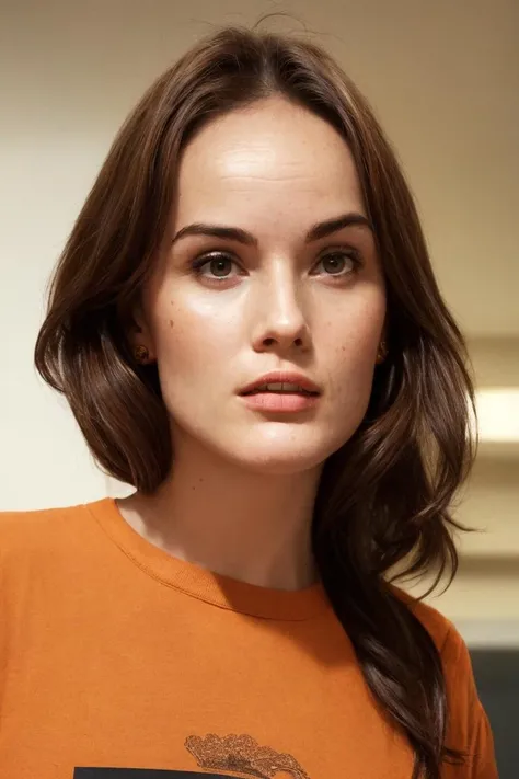 face, orange tee, school hallway, soft colors, (high detailed skin:1.1)
<lora:michelle_dockery_lora_v01:1> michdoc