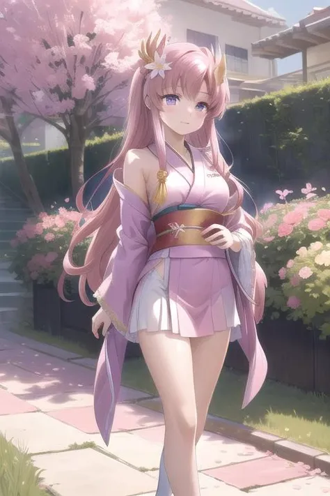 masterpiece, best quality,ultra detail,girl,lacus_a, purple eyes, hair ornament, long hair, wave hair ornament, pink hair, short kimono, <lora:ã©ã¯ã¹ã»ã¯ã©ã¤ã³ Lacus Clyne (MOBILE SUIT GUNDAM SEED):0.7>,flower garden,walking