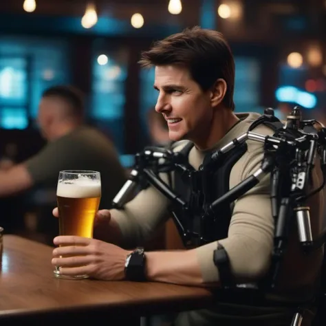 cinematic photo tom cruise wears an exoskeleton, having a beer in a pub<lora:Elysium1024:0.8> . 35mm photograph, film, bokeh, professional, 4k, highly detailed