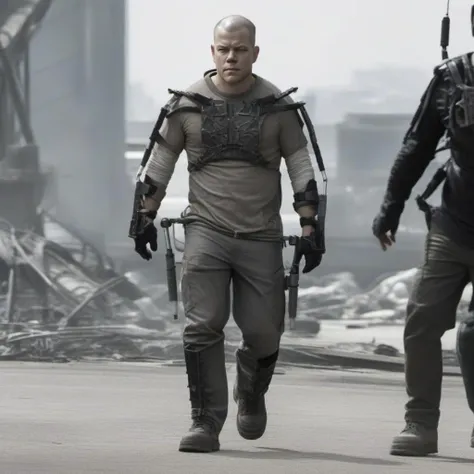 Dystopian style a ((full body)) side view bald matt damon wears an exoskeleton, city background<lora:Elysium1024:0.8> . Bleak, post-apocalyptic, somber, dramatic, highly detailed