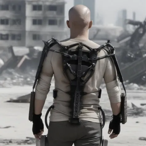 Dystopian style a ((full body)) back view bald matt damon wears an exoskeleton, little screen on the back of the head, city background<lora:Elysium1024:0.8> . Bleak, post-apocalyptic, somber, dramatic, highly detailed