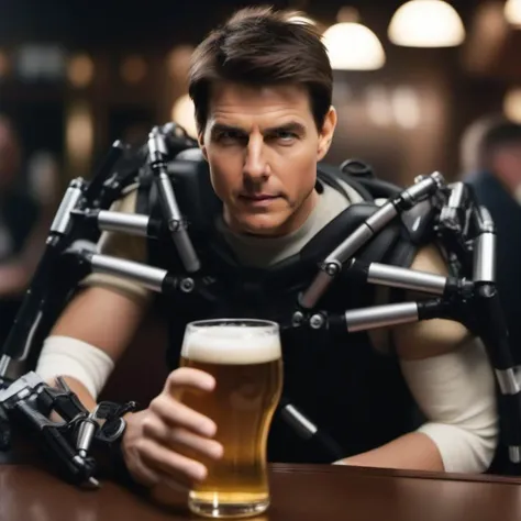 cinematic photo tom cruise wears an exoskeleton, having a beer in a pub<lora:Elysium1024:0.8> . 35mm photograph, film, bokeh, professional, 4k, highly detailed