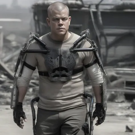 Dystopian style a full boddy bald matt damon wears an exoskeleton, city background<lora:Elysium1024:0.8> . Bleak, post-apocalyptic, somber, dramatic, highly detailed