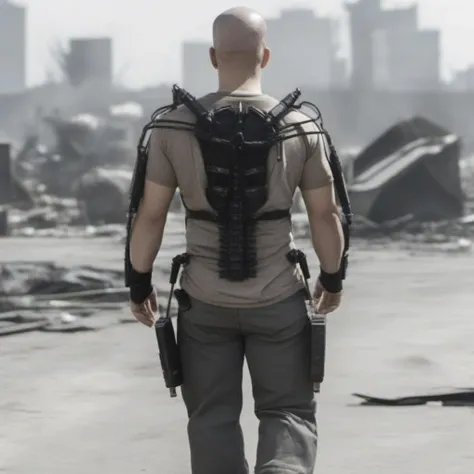 Dystopian style a ((full body)) back view bald matt damon wears an exoskeleton, little screen on the back of the head, city background<lora:Elysium1024:0.8> . Bleak, post-apocalyptic, somber, dramatic, highly detailed