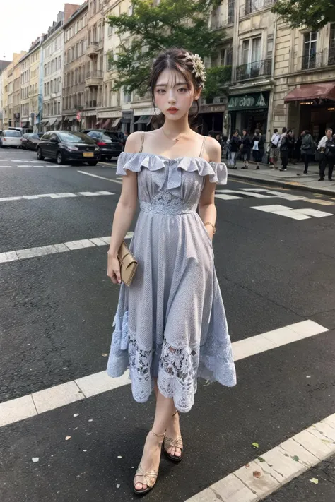 a fashion portrait of a beautiful female model wearing haute couture of French Gray, photo by martin parr, professional medium format film, sharp focus, summer, afternoon, beautiful scenery, crosswalk, (full body:1.4), <lora:baku:0.9>