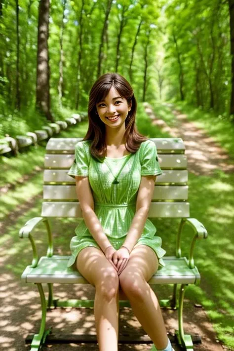 photo of a woman, 1girl, sitting on a bench in a forrest, trees, trail, 30 years old, solo, realistic, (masterpiece:1.1), (best quality:1.1), beautiful, (intricate details), unity 8k wallpaper, ultra detailed, beautiful, aesthetic, perfect lighting, <lora:add_detail:0.5> eyes, grin, parted lips, <lora:Gloomifier_slider_LECO_500w:-7>