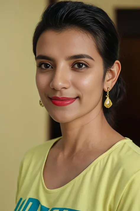 <lora:indogirl1:0.75>, (best quality:1.1) 1girl, solo, smile, earrings, shirt, photo of shantymsintt, standing, simple background, sharp focus, 8k, studio lighting, photo realistic, highly detailed, canon R5, 50mm focal length, f/5.6. (highly detailed skin:1.2)