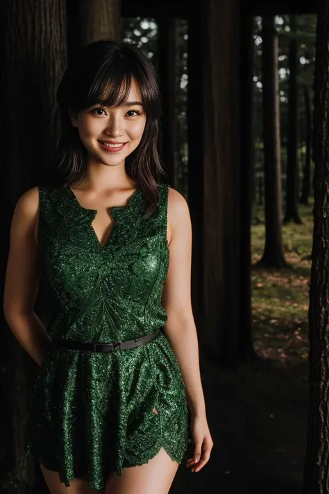 photo of a woman, 1girl, standing in a forrest, trees, trail, 30 years old, solo, realistic, (masterpiece:1.1), (best quality:1.1), beautiful, (intricate details), unity 8k wallpaper, ultra detailed, beautiful, aesthetic, perfect lighting, <lora:add_detail:0.5> eyes, grin, parted lips, <lora:Gloomifier_slider_LECO_500w:3>