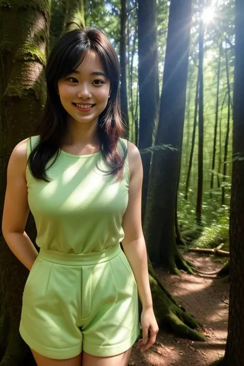photo of a woman, 1girl, standing in a forrest, trees, trail, 30 years old, solo, realistic, (masterpiece:1.1), (best quality:1.1), beautiful, (intricate details), unity 8k wallpaper, ultra detailed, beautiful, aesthetic, perfect lighting, <lora:add_detail:0.5> eyes, grin, parted lips, <lora:Gloomifier_slider_LECO_500w:-2>