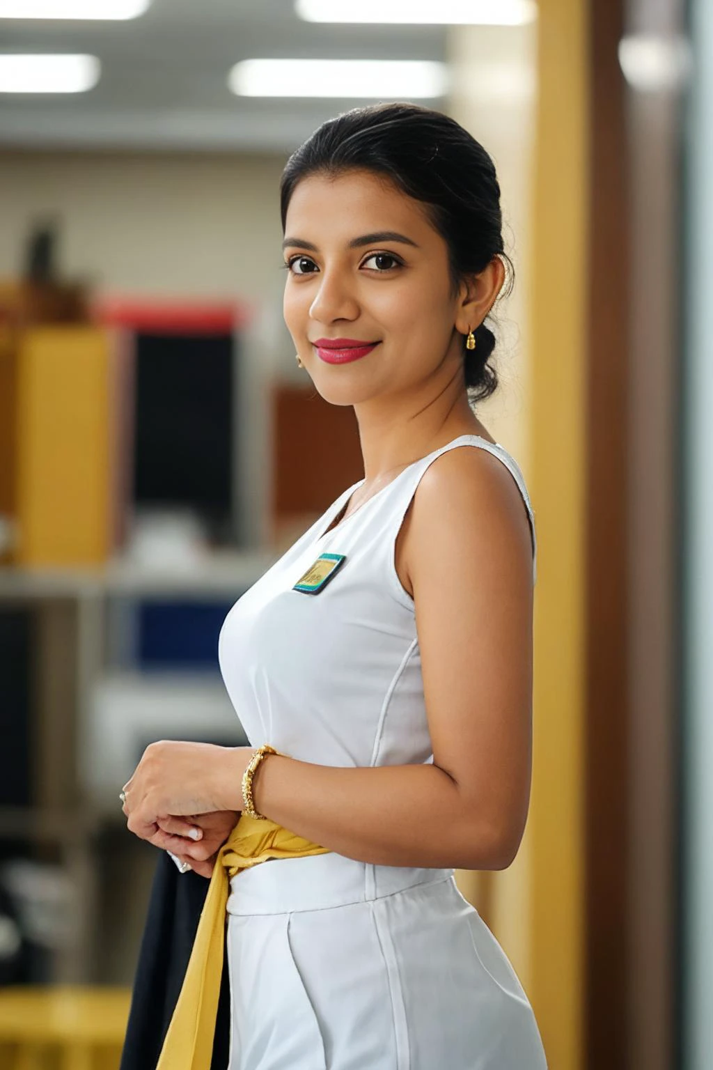 <lora:indogirl1:0.75>, (best quality:1.1) 1girl, solo, smile, earrings, employee uniform, photo of shantymsintt, standing, simple background, sharp focus, 8k, studio lighting, photo realistic, highly detailed, canon R5, 50mm focal length, f/5.6. (highly detailed skin:1.2)