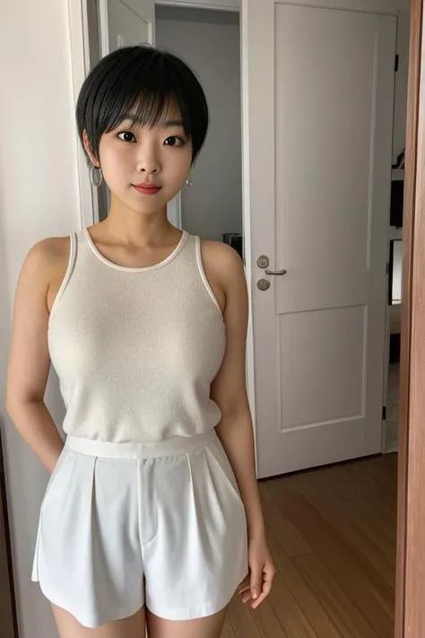medium shot, centered, front view photo of a Lisa Kwok, a woman, standing at the front door, looking at the camera, solo, ultra detailed, beautiful, aesthetic, perfect lighting,  <lora:hair_length_slider_v1:-4>