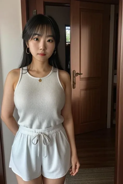 medium shot, centered, front view photo of a Lisa Kwok, a woman, standing at the front door, looking at the camera, solo, ultra detailed, beautiful, aesthetic, perfect lighting, <lora:hair_length_slider_v1:3>