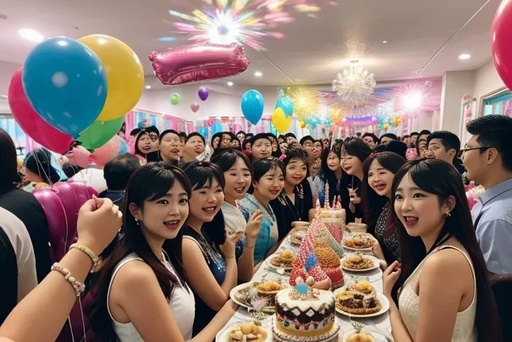 group photo of my birthday party, candid, balloons, party, ultra detailed, beautiful, aesthetic, perfect lighting, <lora:people_count_slider_v1:3>