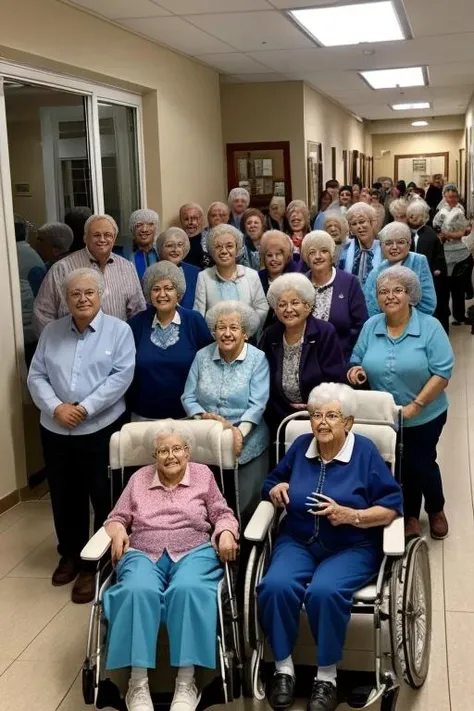 group photo of old people at an old folks home in wheelchairs, ultra detailed, beautiful, aesthetic, perfect lighting, <lora:people_count_slider_v1:5>