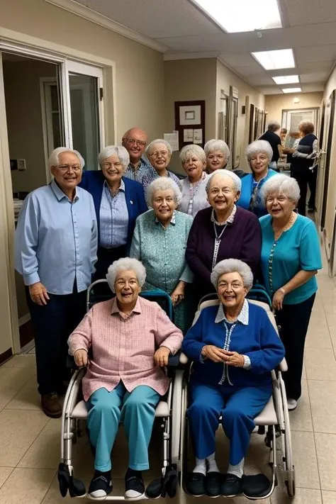 group photo of old people at an old folks home in wheelchairs, ultra detailed, beautiful, aesthetic, perfect lighting,  <lora:people_count_slider_v1:3>