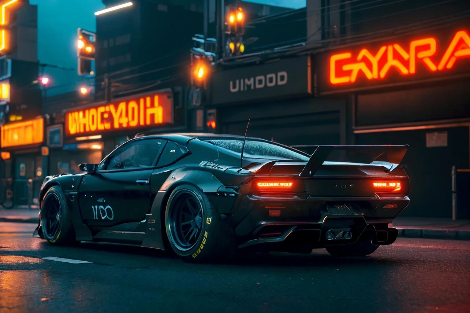 (masterpiece:1.1), (best quality:1.1), (ultra highres:1.1), (Hyperrealistic:1.2) 4K Unity Wallpaper, <lora:cybervehiclev4:0.8>, car, dutch angle, low view, cyberpunk, street style, wide fender flares, deep rims, racing wheels, (cinematic lighting:1.2), depth of field, bokeh, night time, city, neon lights, <lora:conceptWB_v1:0.85>