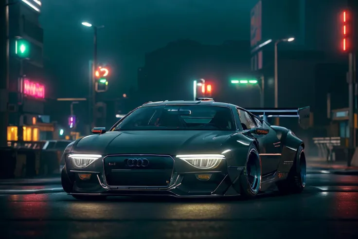 (masterpiece:1.1), (best quality:1.1), (ultra highres:1.1), (Hyperrealistic:1.2) 4K Unity Wallpaper, <lora:cybervehiclev4:0.85>, retrofuturistic car, Audi, (front angled view:0.7), dutch view, low view,  cyberpunk, wide fender flares, deep rims, racing wheels, (cinematic lighting:1.1), depth of field, bokeh, night time, city, neon lights, <lora:conceptWB_v1:0.75>