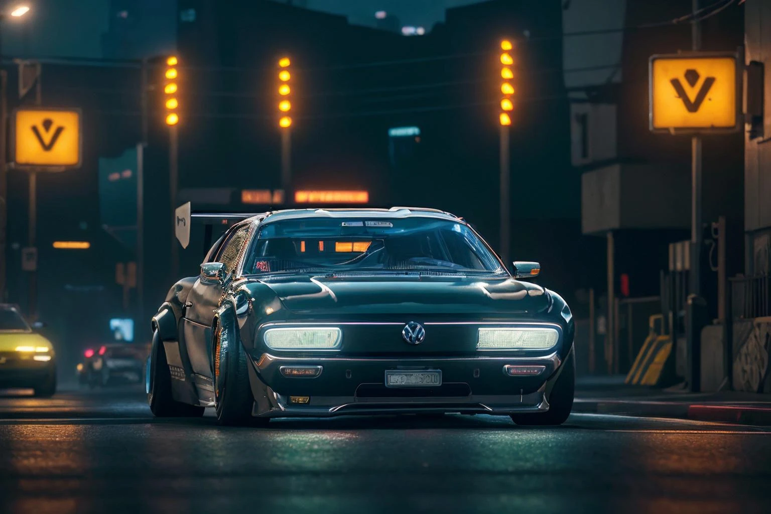 (masterpiece:1.1), (best quality:1.1), (ultra highres:1.1), (Hyperrealistic:1.2) 4K Unity Wallpaper, <lora:cybervehiclev4:0.85>, retrofuturistic car, VW, (front angled view:0.7), dutch view, low view, cyberpunk, wide fender flares, deep rims, racing wheels, (cinematic lighting:1.1), depth of field, bokeh, night time, city, neon lights, <lora:conceptWB_v1:0.75>