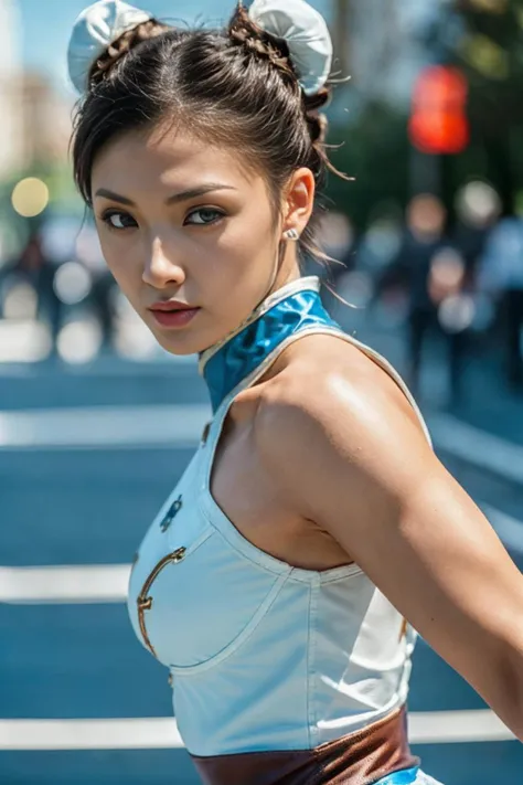 photo of SF2CL, <lora:SF2CL:1.1>, a woman fighting in the MMA, in the octagon, ready to fight, in a fighting pose, busty, 1girl, hair buns, blue chinese dress, double bun hairstyles, white belt, brown leggings, long white boots, puffy sleeves, spiked bracelets, thick legs, masterpiece, highness, perfect face, perfect picture, detailed eyes, sharp focus, 8k, studio lighting, photo realistic, highly detailed, canon R5, 50mm (highly detailed skin:1.1)