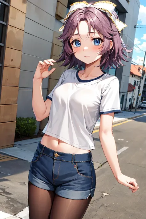 masterpiece, best quality, highres, aalatooni, short hair, pantyhose, hair bow, <lora:latooni_suvota_v1:0.7>, t-shirt, midriff, shorts, street, standing, cowboy shot,
