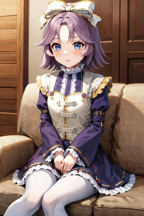 masterpiece, best quality, highres, aalatooni, short hair, pantyhose, hair bow, frills, frilled dress, long sleeves, <lora:latooni_suvota_v1:0.7>, sitting, sofa, indoors,