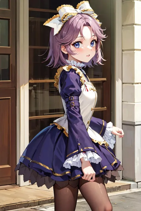 masterpiece, best quality, highres, aalatooni, short hair, pantyhose, hair bow, frills, frilled dress, long sleeves, <lora:latooni_suvota_v1:0.7>, walking, cowboy shot, from side, looking at viewer,