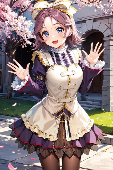 masterpiece, best quality, highres, aalatooni, short hair, pantyhose, hair bow, frills, frilled dress, long sleeves, <lora:latooni_suvota_v1:0.7>, waving, smile, open mouth, standing, petals, outdoors