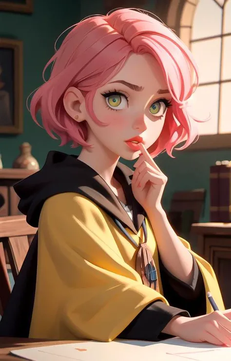 1girl, short pink hair,(hufflepuff House Cloak),( inner cloak yellow:1), (outer cloack black:1),yellow eyes, looking at viewer, solo, upper body,(masterpiece:1.4),(best quality:1.4),red lips,parted lips, hogwarts castle:1,dramatic shadows,extremely_beautiful_detailed_anime_face_and_eyes,an extremely delicate and beautiful,dynamic angle, cinematic camera, dynamic pose,depth of field,chromatic aberration,backlighting,Watercolor, Ink, epic, candystyle,