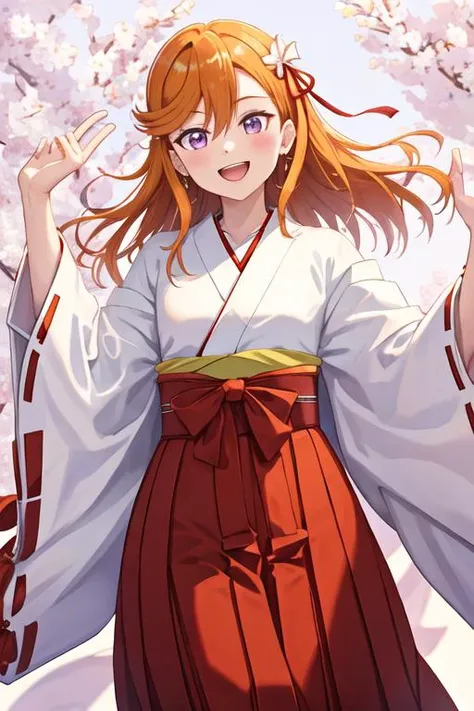 best quality, masterpiece, highres, solo, {white kimono:1.35}, {red hakama:1.35}, {wide sleeves:1.20}, {shibuya_kanon_lovelivesuperstar:1.15}, orange_hair, bangs, purple_eyes, long_hair, smile, blush, ribbon, open_mouth, neck_ribbon, red_ribbon, medium_hair, shiny_hair