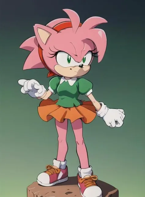best quality, (masterpiece),(ultra-detailed), (high quality), (high resolution), <lora:AmyRoseC-10:0.7>,Classic Amy, sonic \(series\), 1girl, solo, short hair, bangs, skirt, shirt, gloves, animal ears, closed mouth, green eyes, standing, full body, pink hair, short sleeves, hairband, shoes, socks, puffy sleeves, collared shirt, white gloves, flat chest, puffy short sleeves, furry, green shirt, furry female, red hairband, body fur, orange skirt, animal nose, two-tone fur, pink fur